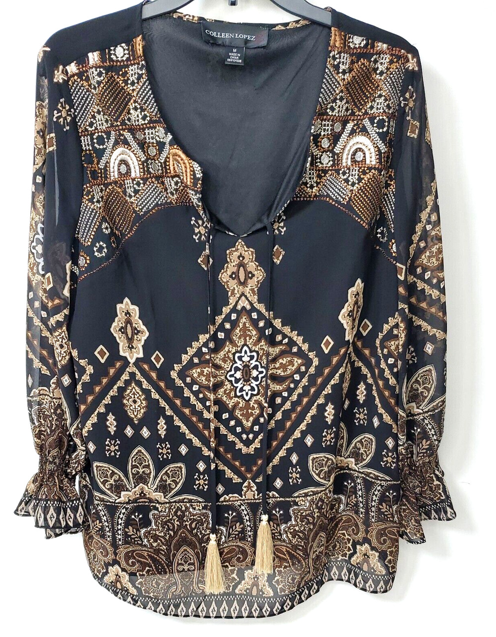 Colleen Lopez Top Black Embroidered Mandala Print Chiffon Layer Boho Tassel M